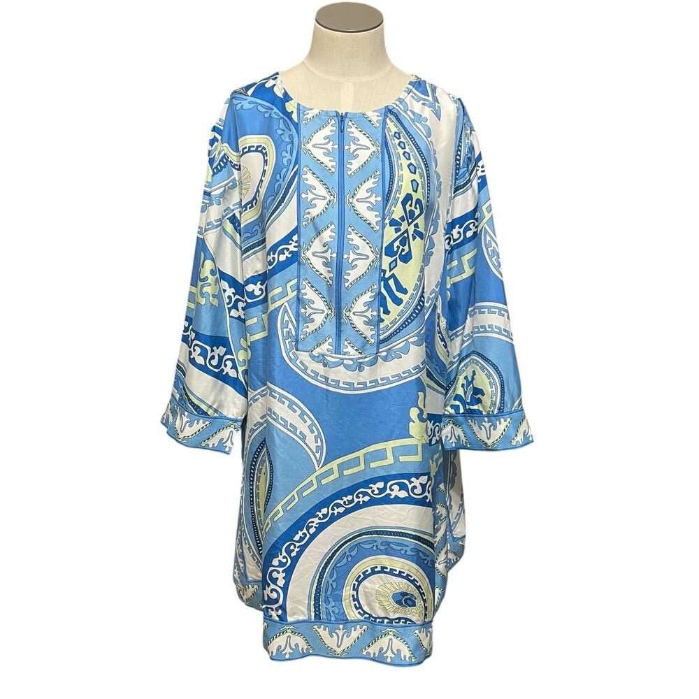 Coldwater Creek Womens Vintage Beach Resort 100% Silk Blue Cover Up Tunic Kaftan